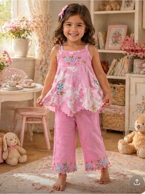 🔥VINTAGE 🔥UNIQUE Girls Set Sz 4T BOHO Hand Painted Pink cotton Price Firm!